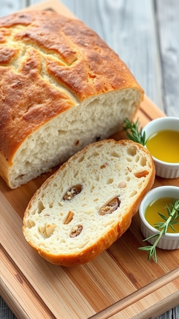 Garlic Sourdough Bread Recipe A golden-brown garlic sourdough bread loaf sliced to show its texture, with olive oil and rosemary on a wooden board.